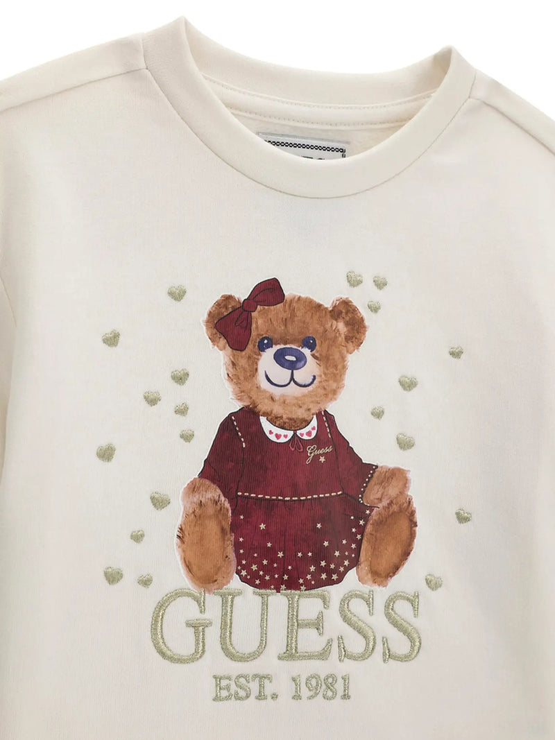 Closer view of the Guess teddy bear sweatshirt.