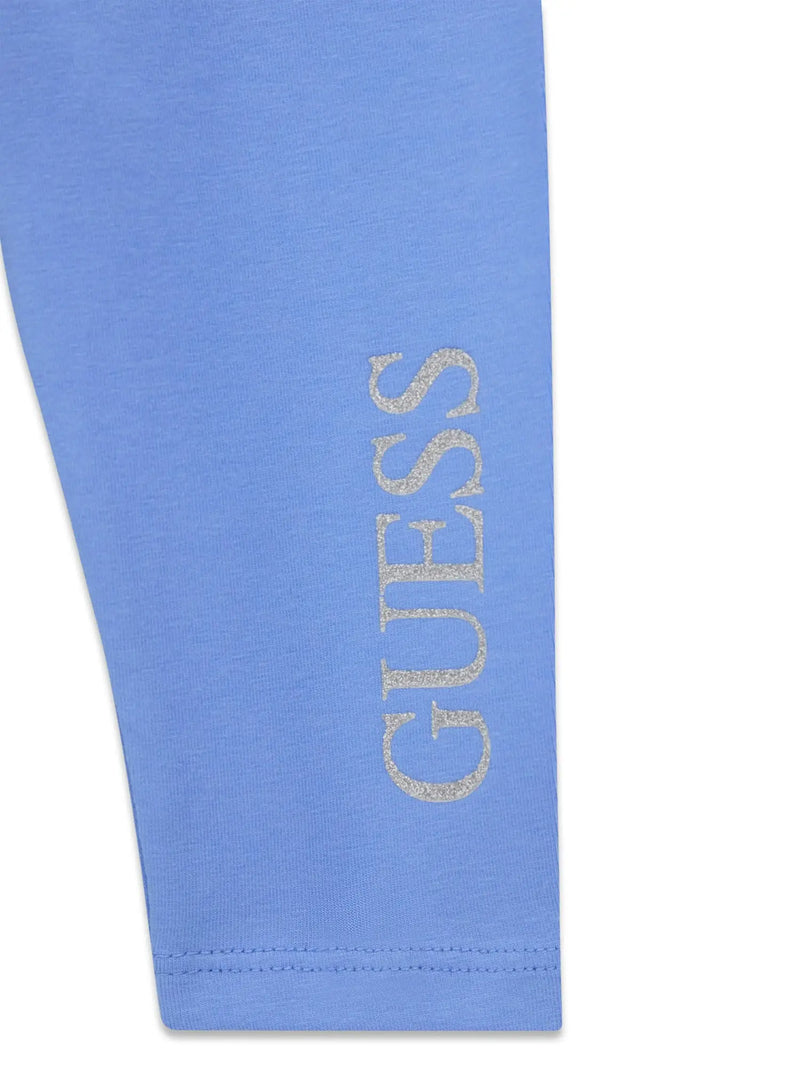Guess blue leggings set with silver glitter logo.
