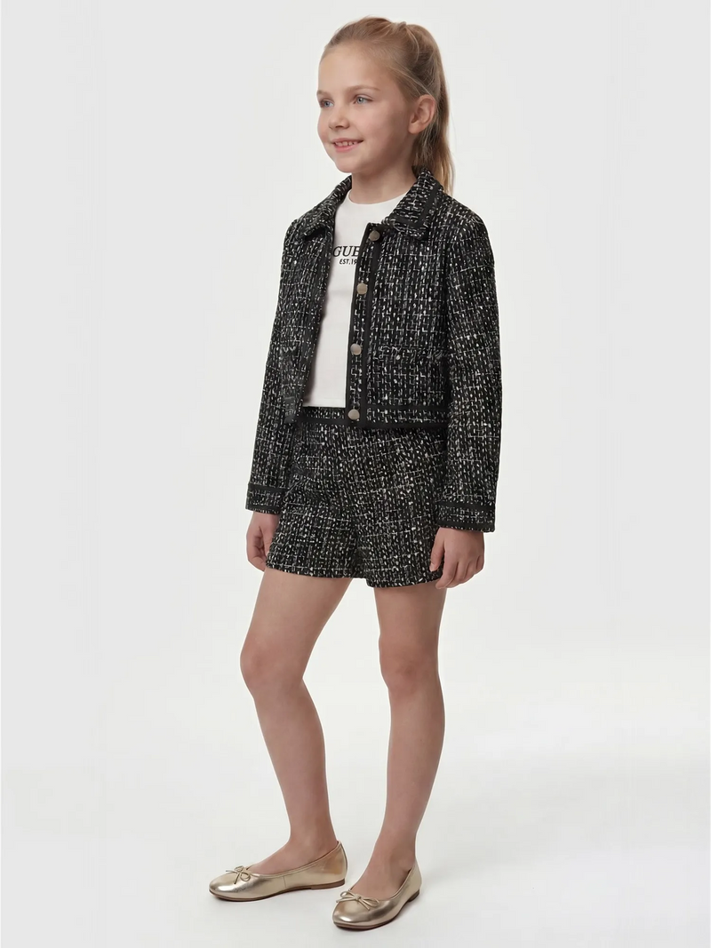 Guess black tweed blazer, modelled by girl.