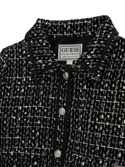 Closer look at the Guess tweed blazer showing detail of the silver monogram buttons.