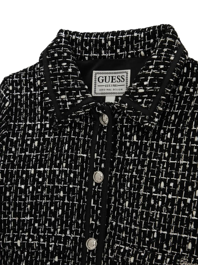 Closer look at the Guess tweed blazer showing detail of the silver monogram buttons.