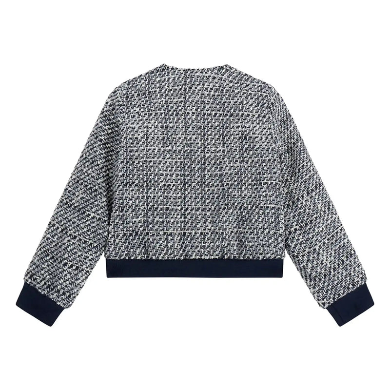 Back of the Guess girl's tweed bomber jacket.