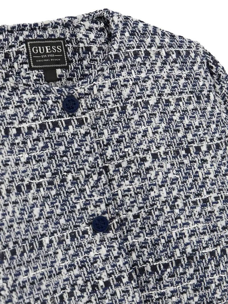 Guess blue jacket with embossed logo button fasteners.