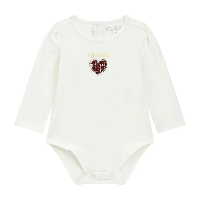 Baby girl's white bodysuit with red tweed heart on the chest.