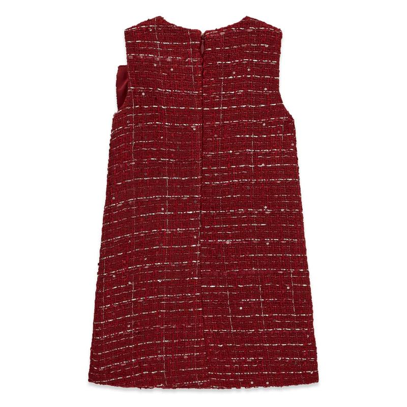Rear view of the Guess burgundy tweed dress.