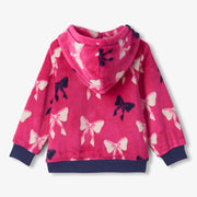 Rear view of the Hatley pink big bows fleece hoodie.