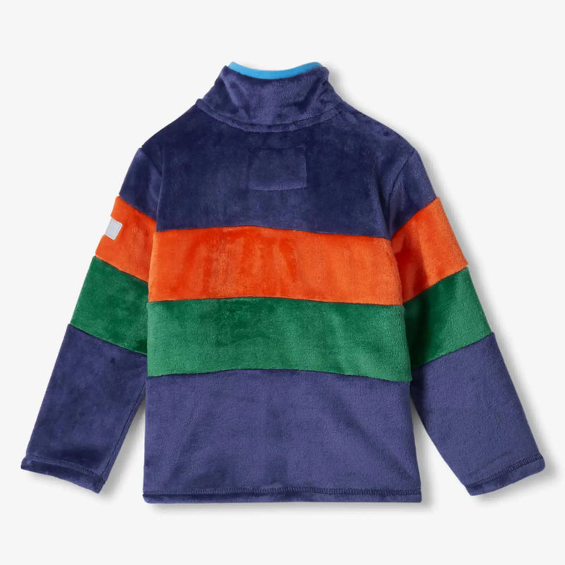 Rear view of the Hatley colourblock fleece jacket.