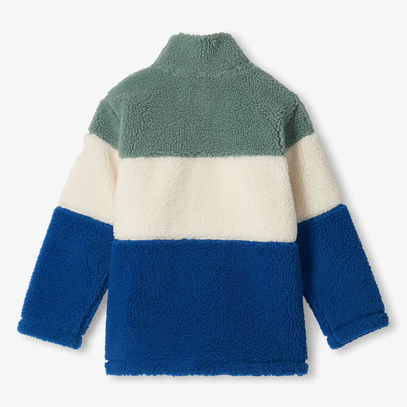 Back of the Hatley blue colourblock sherpa jacket.