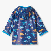 Rear view of the Hatley boy's colourful dinos raincoat.