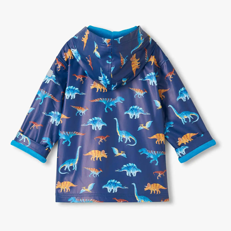 Rear view of the Hatley boy's colourful dinos raincoat.