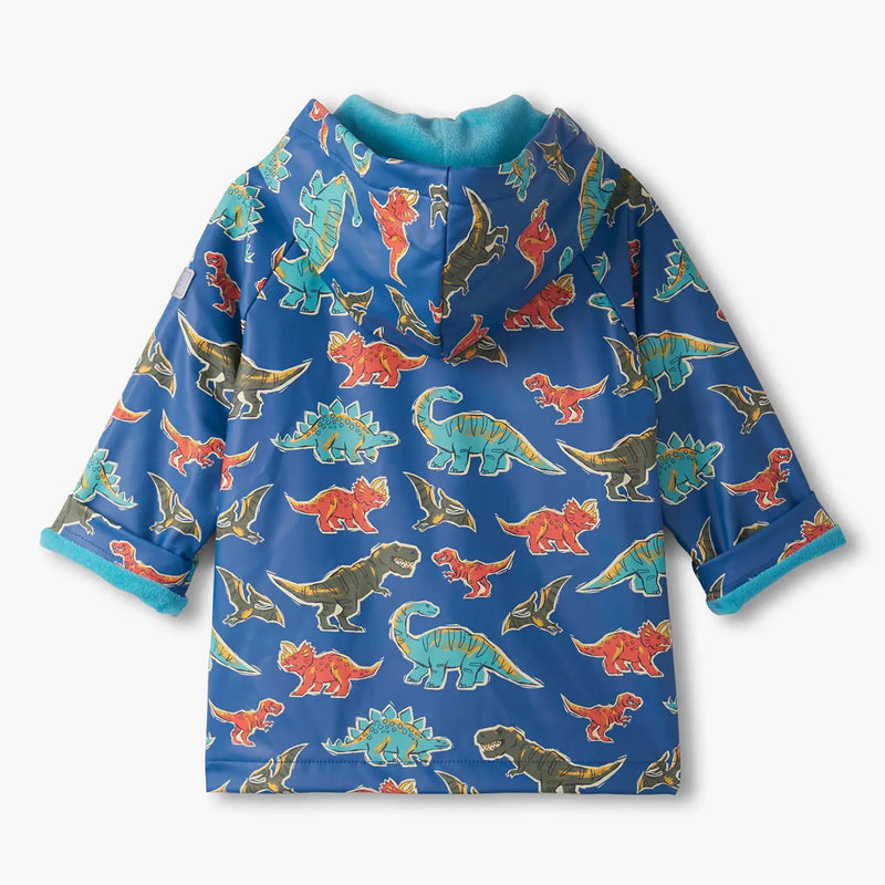 Back of the Hatley blue dino roar raincoat.