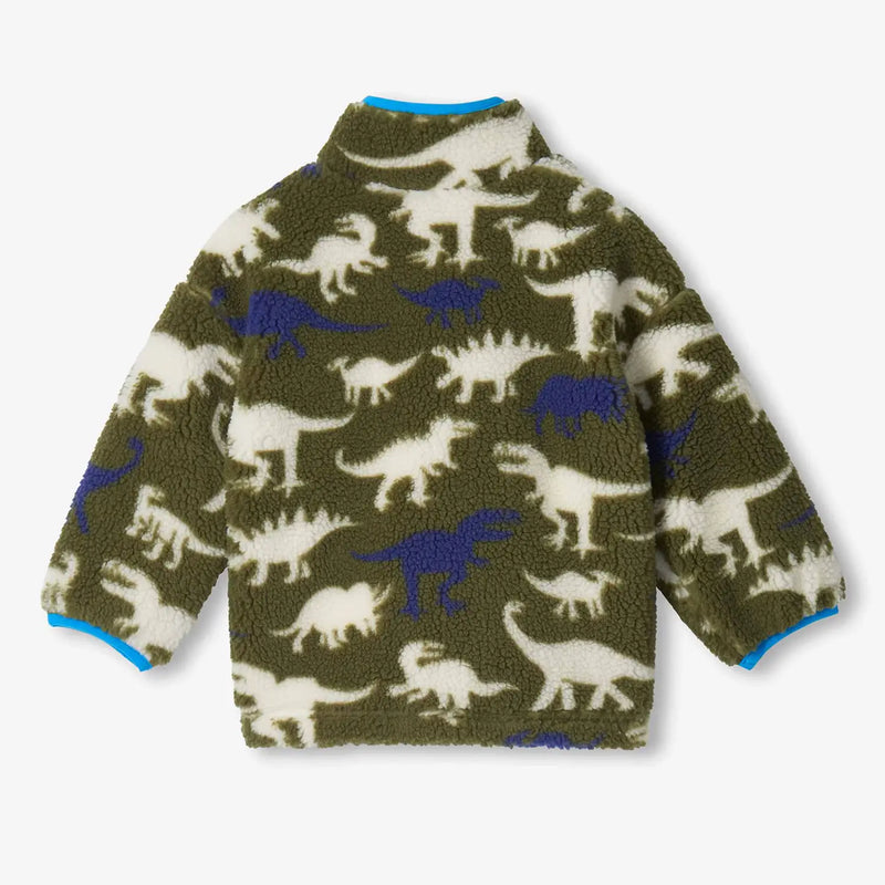 Rear view of the Hatley green dino sherpa jacket.