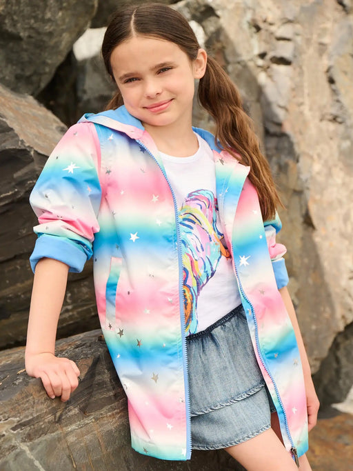 Girl modelling the Hatley glitter star jacket.