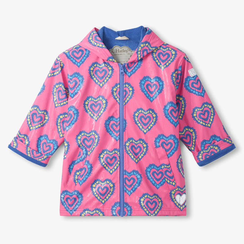 Girl's pink raincoat with colour changing pattern. 