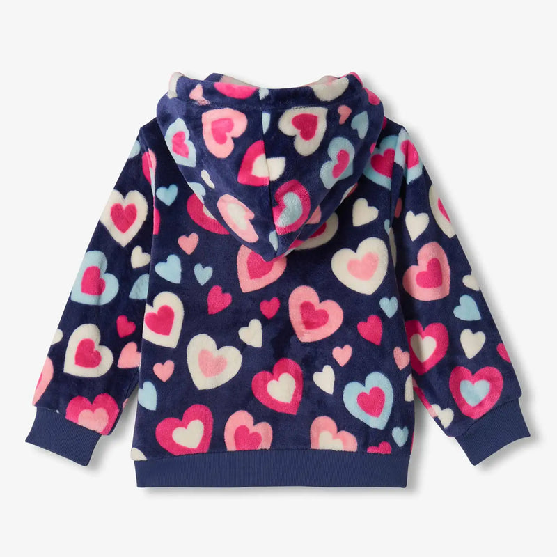 Back of the Hatley navy hearts fleece hoodie.