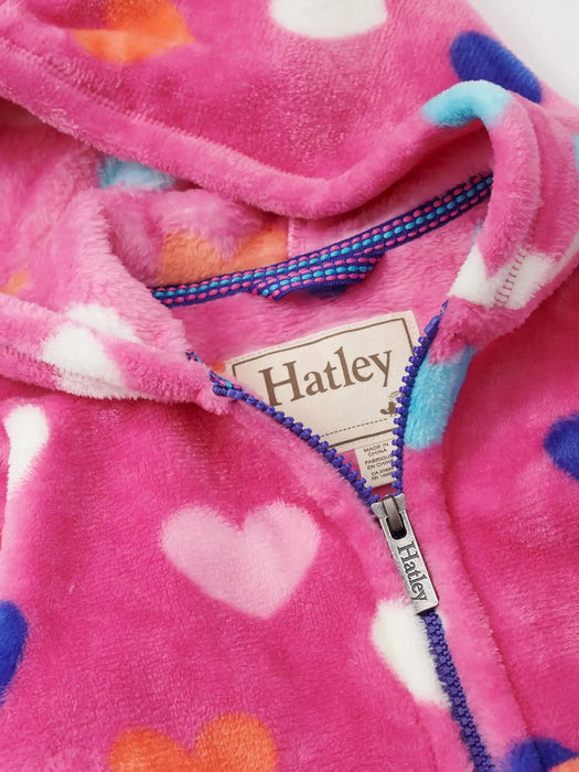 Closer view of the Hatley hearts zip up hoodie.