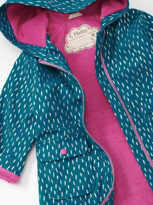 Hatley blue raincoat with pink inner lining.