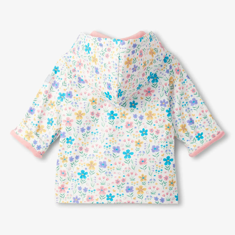 Back of the Hatley white little garden chicks raincoat.