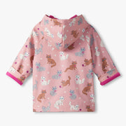 Rear view of the Hatley pink little kitties raincoat.