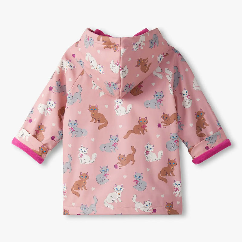 Rear view of the Hatley pink little kitties raincoat.