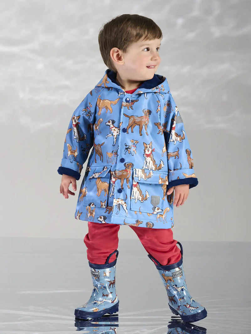 Smiling Boy modelling the Hatley little pups raincoat.