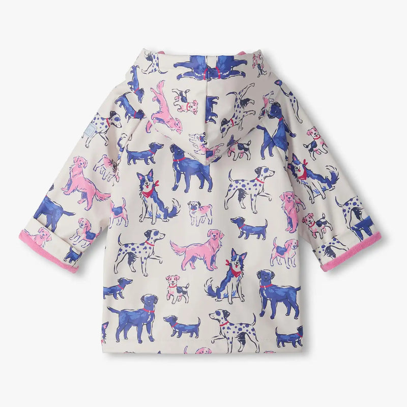 Back of the Hatley white little pups raincoat.