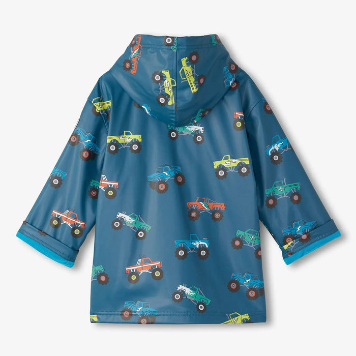 Back of the Hatley monster trucks raincoat.