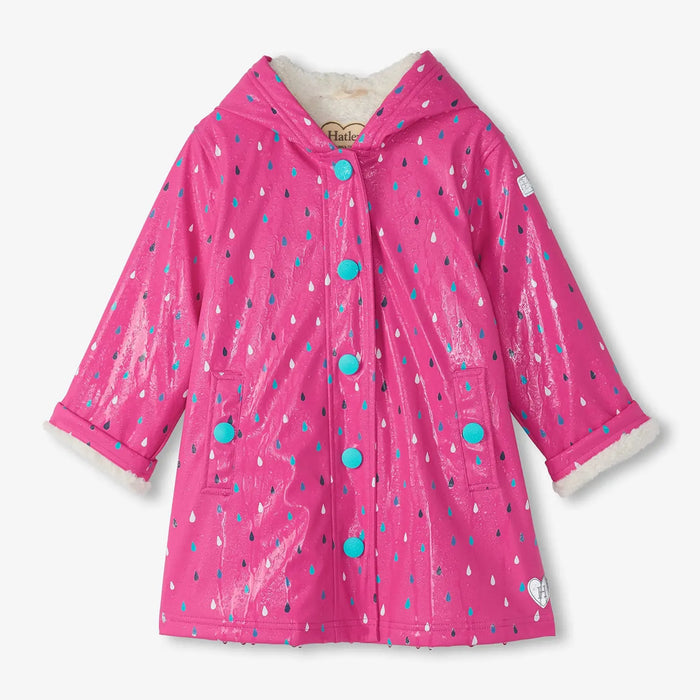 Hatley pink raincoat with colour changing rain drop pattern.