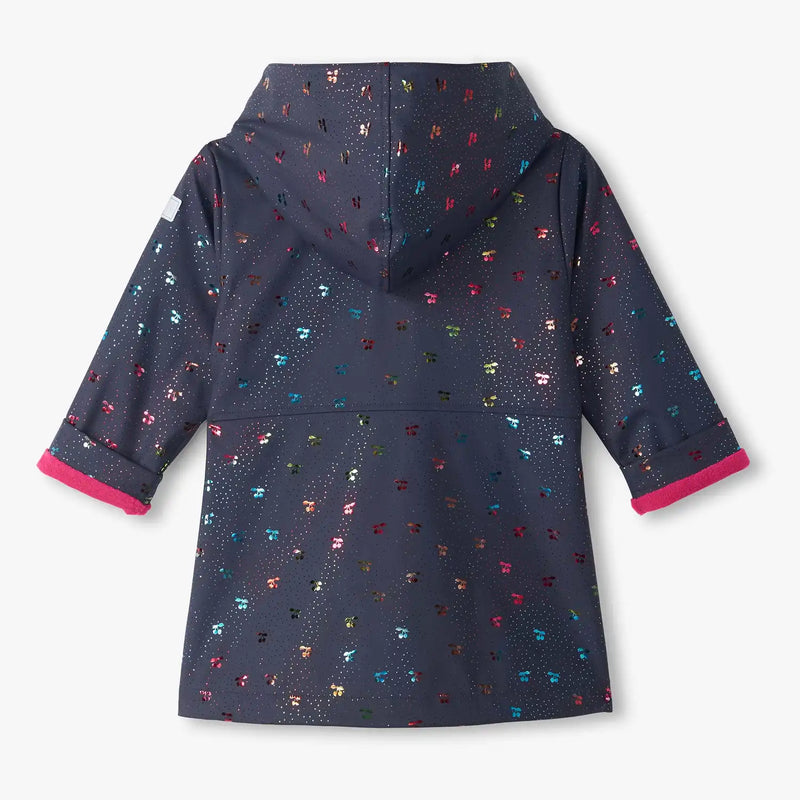 Back of the Hatley navy rainbow cherry raincoat.