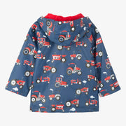 Rear view of the Hatley boy's red tractors raincoat.