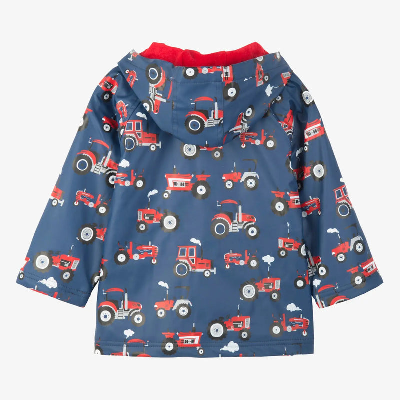 Rear view of the Hatley boy's red tractors raincoat.
