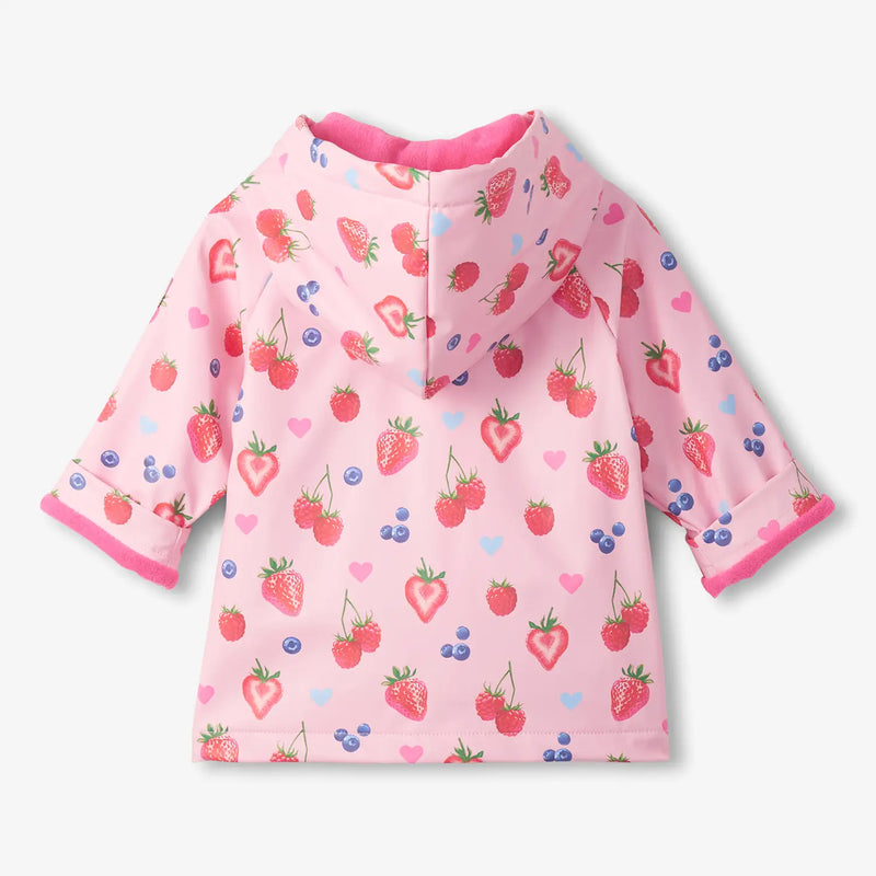 Back of the Hatley pink summer berries raincoat.