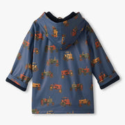 Rear view of the Hatley tractors raincoat.