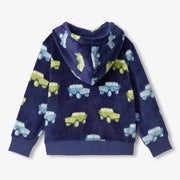 Rear view of the Hatley blue vintage trucks fleece hoodie.
