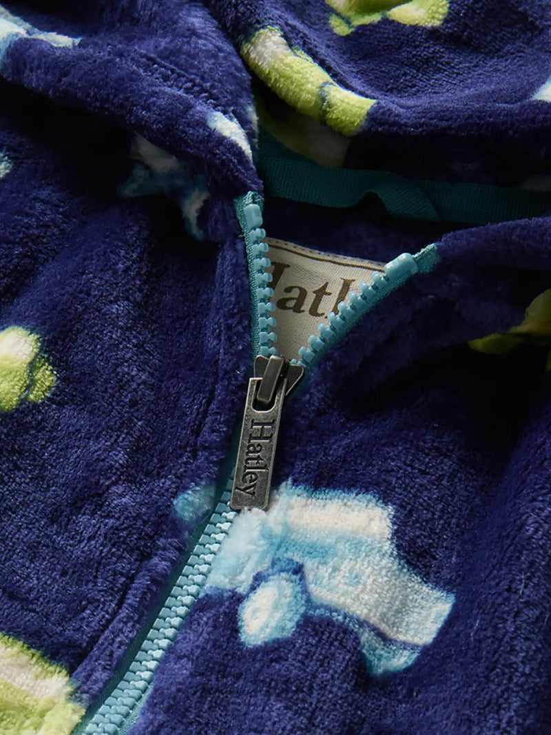 Closer look at the Hatley vintage trucks fleece hoodie.