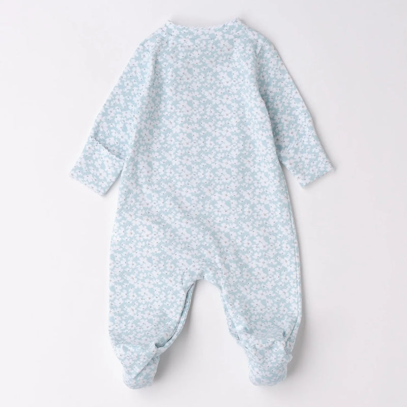 Rear view of the iDo green floral print babygrow.