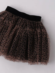 Closer view of the tulle mesh skirt with leopard print pattern.