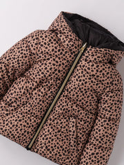 Closer look at the iDo reversible puffer jacket showing detail of the leopard print pattern