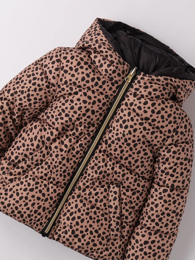 Closer look at the iDo reversible puffer jacket showing detail of the leopard print pattern