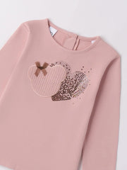 Closer look at the pink t-shirt with sequin heart design.