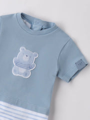 iDo striped romper with happy teddy bear appliqué.