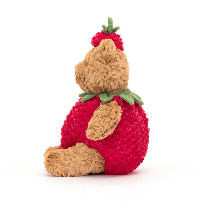 Side view of the Jellycat bartholomew bear - strawberry.