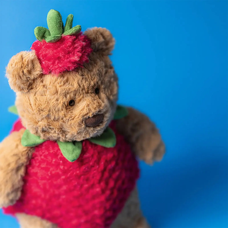 Closer look at the Jellycat bartholomew bear - strawberry.