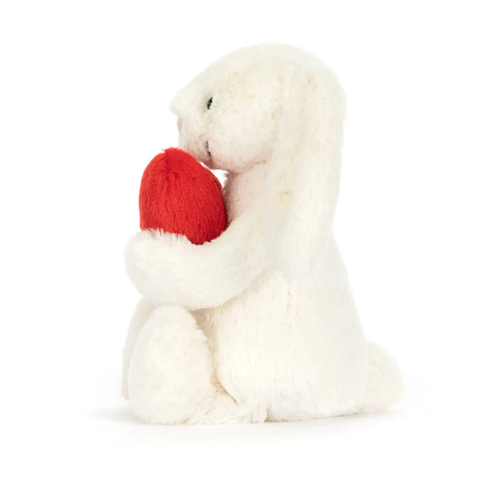 Side view of the Jellycat bashful love heart bunny.