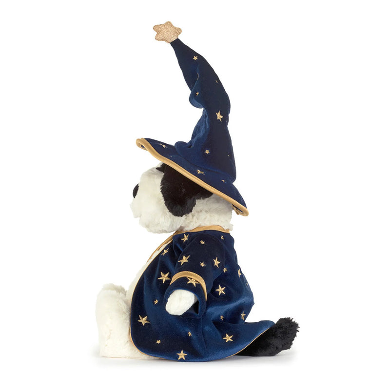 Side view of the Jellycat rufferty puppy wizard.