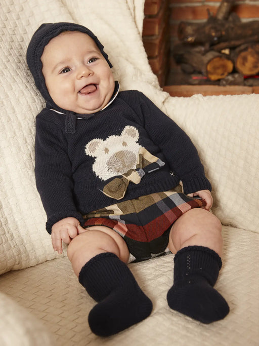 Smiling baby boy modelling the Juliana jam pants set.