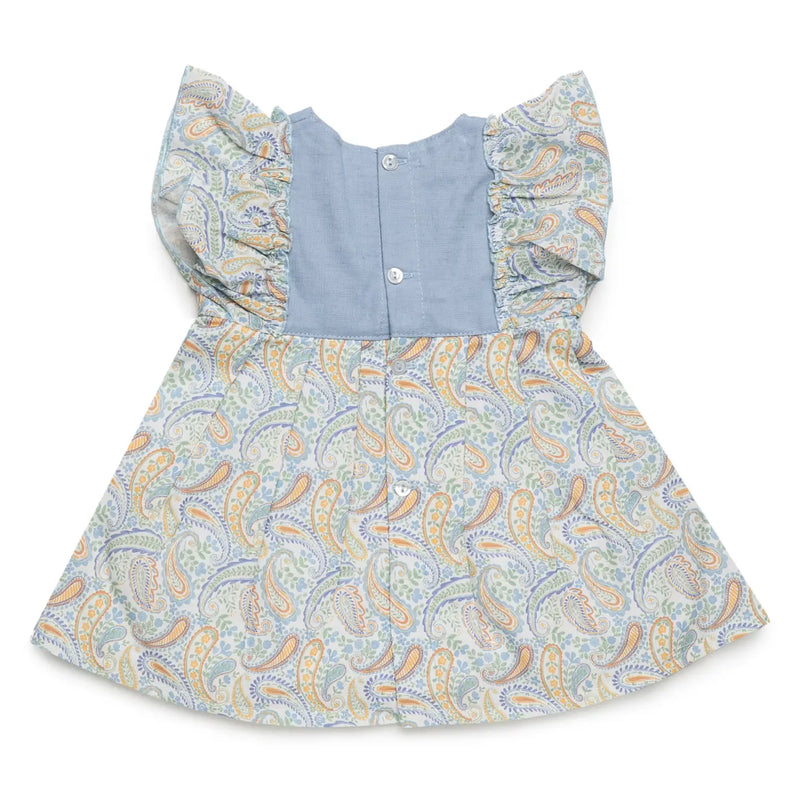 Rear view of the Juliana blue paisley print dress.