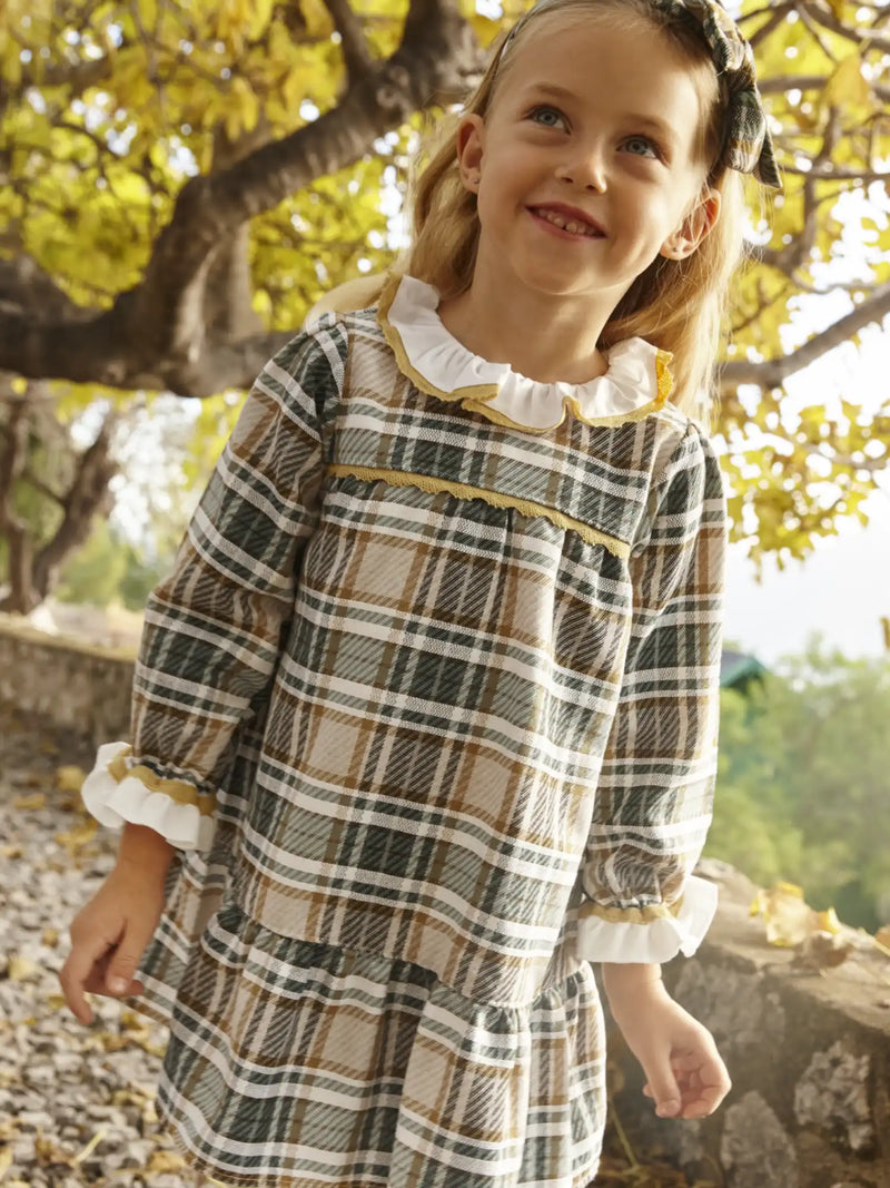 Juliana green plaid dress, modelled by girl.