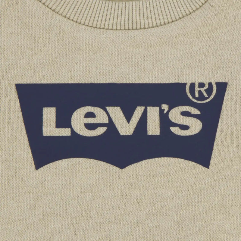 Closer look at the Levi's batwing sweatshirt showing detail of the navy batwing logo.