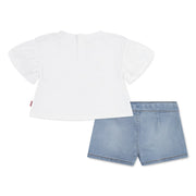 Rear view of the Levi's denim shorts set.